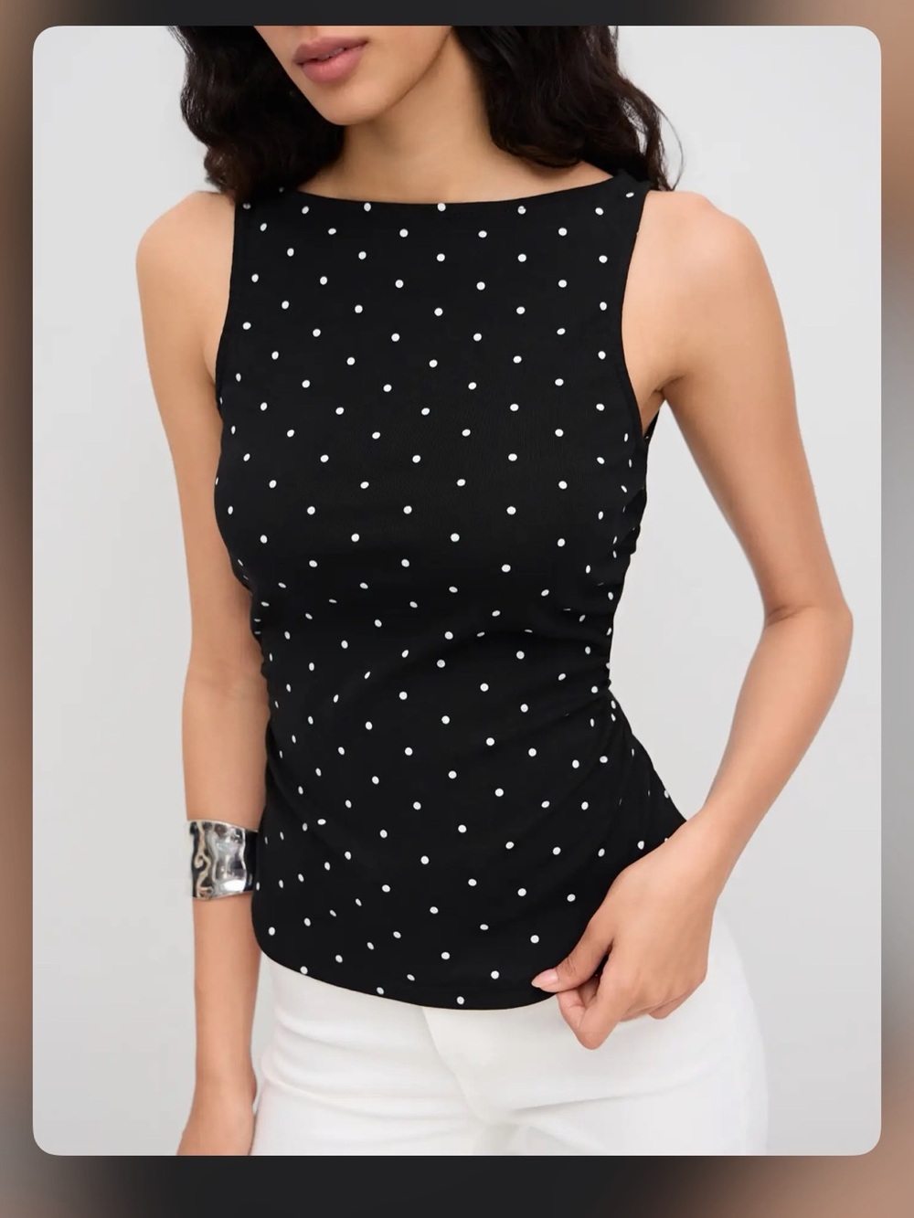 COTTON-BLEND BOAT NECK KNOTTED POLKA DOT RUCHED TANK TOP XL